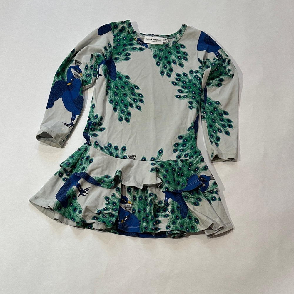 Mini Rodini Green and Blue Peacock Print Dress
